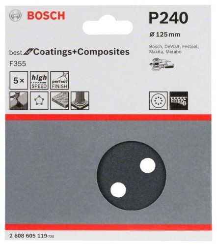 BOSCH Brúsny papier F355, balenie 5 ks 125 mm, 240 2608605119