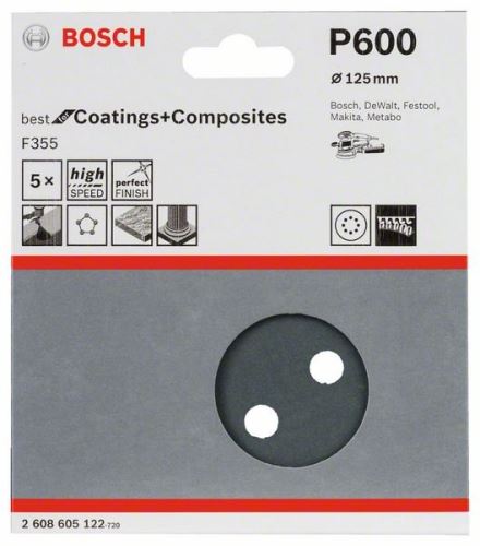 BOSCH Brúsny papier F355, balenie 5 ks 125 mm, 600 2608605122