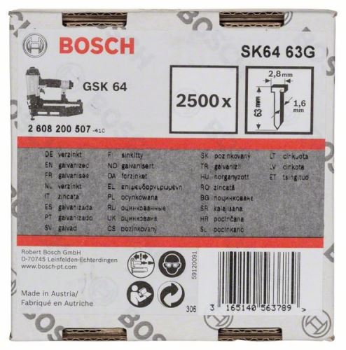 BOSCH Klinec so zápustnou hlavou SK64 63G 1,6 mm, 63 mm, pozinkovaný (2500 ks) 2608200507