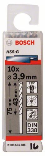 BOSCH Vrtáky do kovu HSS-G, DIN 338 3,9 x 43 x 75 mm (10 ks) 2608585485