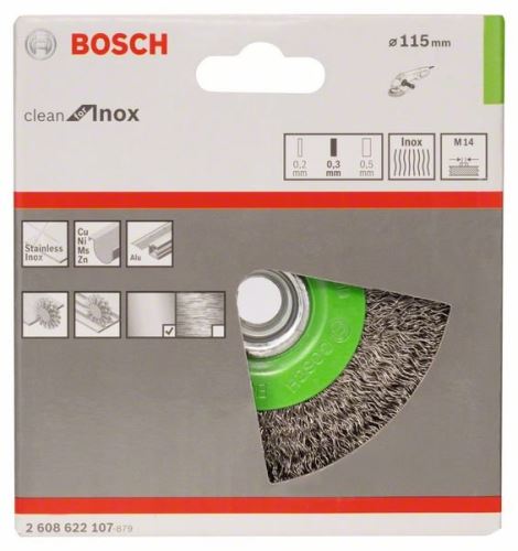 BOSCH Kotúčová drôtená kefa, zvlnený drôt, 115, nerezová oceľ 115 mm, 0,3 mm, M14 2608622107