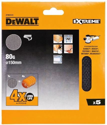 DeWALT brúsna sieťovina, suchý zips, 150 mm, P80 (5 ks) DTM3123