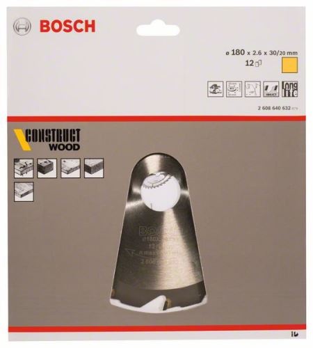 BOSCH Pílový kotúč Construct Wood 180 x 30/20 x 2,6 mm; 12 2608640632