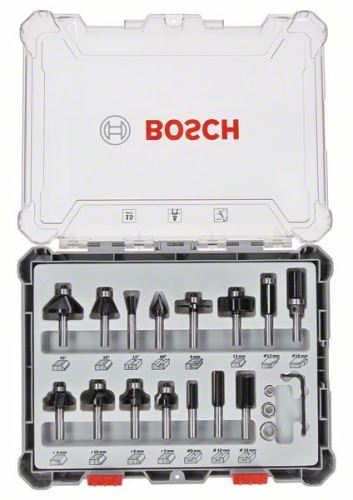 BOSCH Zmiešaná sada tvarových fréz s vretenom Ø 6 mm, 15 ks 2607017471