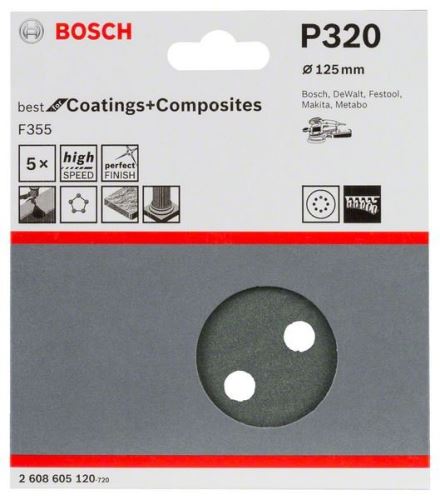 BOSCH Brúsny papier F355, balenie 5 ks 125 mm, 320 2608605120