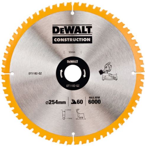 DeWALT Pílový kotúč CONSTRUCTION pre pokosové píly na drevo s klincami, 254 x 30 mm, 60 zubov DT1182