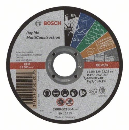 BOSCH Deliaci kotúč rovný Rapido Multi Construction ACS 60 V BF, 115 mm, 1,0 mm 2608602384