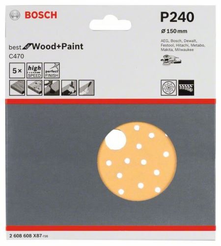 BOSCH Brúsne papiere C470 pre excentrické brúsky, Best for Wood and Paint, priemer 150 mm, 240 multidierovanie (5 ks) 2608608X87