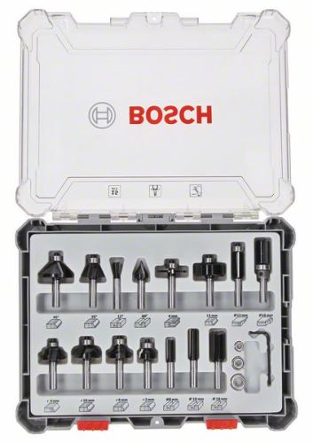 BOSCH Zmiešaná sada tvarových fréz s vretenom Ø 8 mm, 15 ks 2607017472