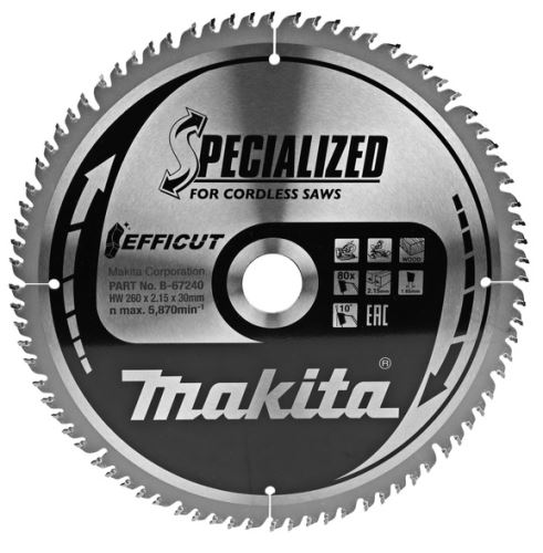 MAKITA kotúč pílový drevo Efficut 260x2.15x30 mm 80 zubov B-67240