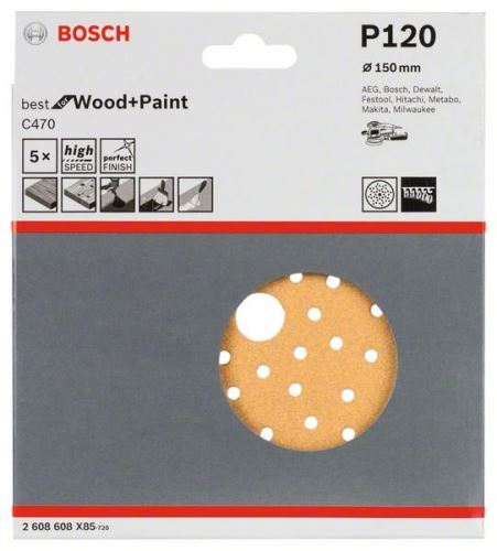 BOSCH Brúsne papiere C470 pre excentrické brúsky, Best for Wood and Paint, priemer 150 mm, 120 multidierovanie (5 ks) 2608608X85