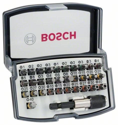 BOSCH 32dielna sada skrutkovacích bitov PH1; PH2; PH2; PH3; PZ1; PZ2; PZ2; PZ3; HEX 3; HEX 4; HEX 5; HEX 6; T10; T15; T20; T20; T25; T27; T30; T40 2607017319