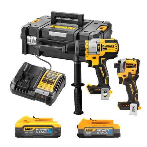 Dewalt 18V XR bezkomutátorová 2dielna sada, 1x 5,0 Ah batéria Powerstack, 1x 1,7 Ah kompaktná batéria Powerstack, nabíjačka a puzdro TSTAK II DCK2052H1E1T