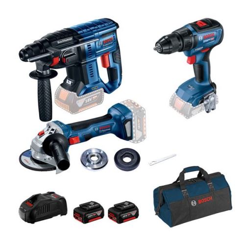 Bosch Profesionálna sada: GBH 180-LI + GSR 18V-50 + GWS 180-LI + 2× GBA 18V 5.0Ah + 0615990M32