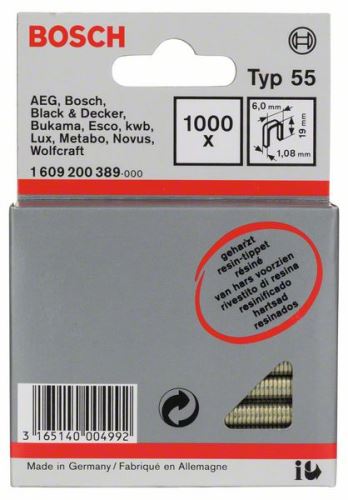 BOSCH Úzka sponka do sponkovačky, typ 55, laminovaná 6 x 1,08 x 19 mm (1000 ks) 1609200389