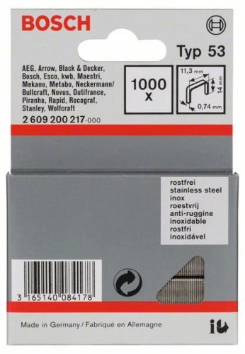 BOSCH Sponky do sponkovačky z tenkého drôtu, typ 53, nerezové Typ 53; L = 14 mm (1000 ks) 2609200217