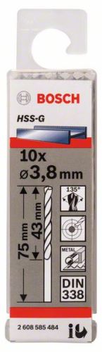 BOSCH Vrtáky do kovu HSS-G, DIN 338 3,8 x 43 x 75 mm (10 ks) 2608585484